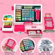 Juego de caja registradora de juguete con calculadora real, juego de tienda de juego, incluye escáner/tarjeta de crédito/dinero de juguete/juguetes de comida, juguetes de aprendizaje, regalos, para Halloween/Navidad