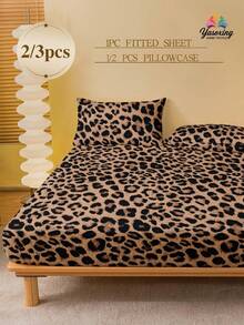 2/3件套棕色经典豹纹床上用品套装（1件床笠+1/2件枕套），床垫保护套，情人节床垫罩，柔软透气，适用于单人床、双人床、大号床、特大号床，深口袋设计，最大可达11.8英寸，适合宿舍使用 - 摩卡棕 - 查看 4