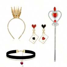 4 件套女王风格服装配饰套装，包括塑料皇冠、头带、项链、心形权杖和耳环 - 20 世纪 20 年代舞会服装道具，适合角色扮演和化妆舞会万圣节 - 彩色 - 查看 7