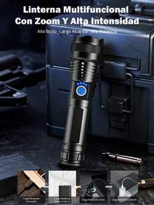 Linterna portátil multifuncional LED para exteriores, con batería de litio y material de alta resistencia, 5 modos, linterna recargable con zoom, batería externa para cargar teléfonos, pantalla del nivel de batería en tiempo real, adecuada para uso en exteriores, hogar, senderismo, ciclismo, pesca, coche, iluminación de emergencia - Negro - Ver 6