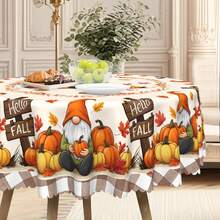 1pc Thanksgiving Tablecloth, Pumpkin & Maple Leaf Fairy Tablecloth, "Hello Fall" Autumn Theme Dining Table Cover, Polyester Fabric, Lace Edging, Rectangular & Round Sizes, Suitable For Indoor & Outdoor, Farmhouse Style Kitchen & Dining Room Decor, Thanksgiving Holiday Gift, Durable Machine Washable Quality Home Tablecloth