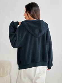 Women's Fashion Zip-Up Jacket, Warm Autumn/Winter Sports Outerwear, Casual Solid Color Loose Fit Hooded Sweatshirt, Versatile - Navy Blue - View 6