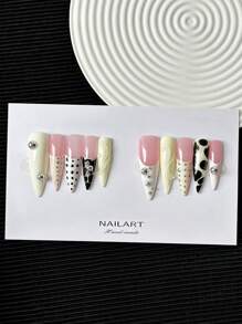 45 毫米超长细高跟指甲法式手工按压指甲，多色人造指甲，带钢珠装饰，渐变手绘创意对比色组合，3D 图案设计，全覆盖 DIY 闪光假指甲（10 片/包）美甲用品美甲 - 彩色 - 查看 5