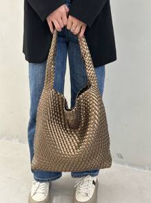 2 件装休闲纯素皮革女士手提包，顶部提手单肩包，大容量软手提包，编织手提包，女士钱包，新年装，古铜色