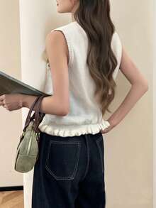 Chaleco de mujer con cuello en V para otoño/invierno con diseño de volantes en el bajo - Beis - Ver 2