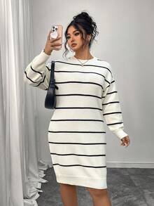 Plus Size Women Contrast Stripe Ribbed Casual Long Sleeve Knit Dress - Black and White - View 4