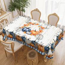 1pc Thanksgiving Tablecloth, Autumn Countryside Theme Dining Table Cover, Blue, White, Orange Pumpkin & Maple Leaf Print + Wooden Texture Background, Polyester Fabric, Lace Trim, Rectangular & Round Shapes, Suitable For Indoor & Outdoor - Rustic Kitchen & Dining Room Decor, Thanksgiving Holiday Gift, Durable Machine Washable Household Tablecloth