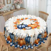 1pc Thanksgiving Tablecloth, Autumn Countryside Theme Dining Table Cover, Blue, White, Orange Pumpkin & Maple Leaf Print + Wooden Texture Background, Polyester Fabric, Lace Trim, Rectangular & Round Shapes, Suitable For Indoor & Outdoor - Rustic Kitchen & Dining Room Decor, Thanksgiving Holiday Gift, Durable Machine Washable Household Tablecloth