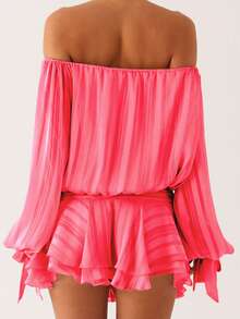 Women's Tube Top Mini Dress Fashionable Backless Strapless Long Sleeve Smocked Ruffled Dress - Hot Pink - View 7