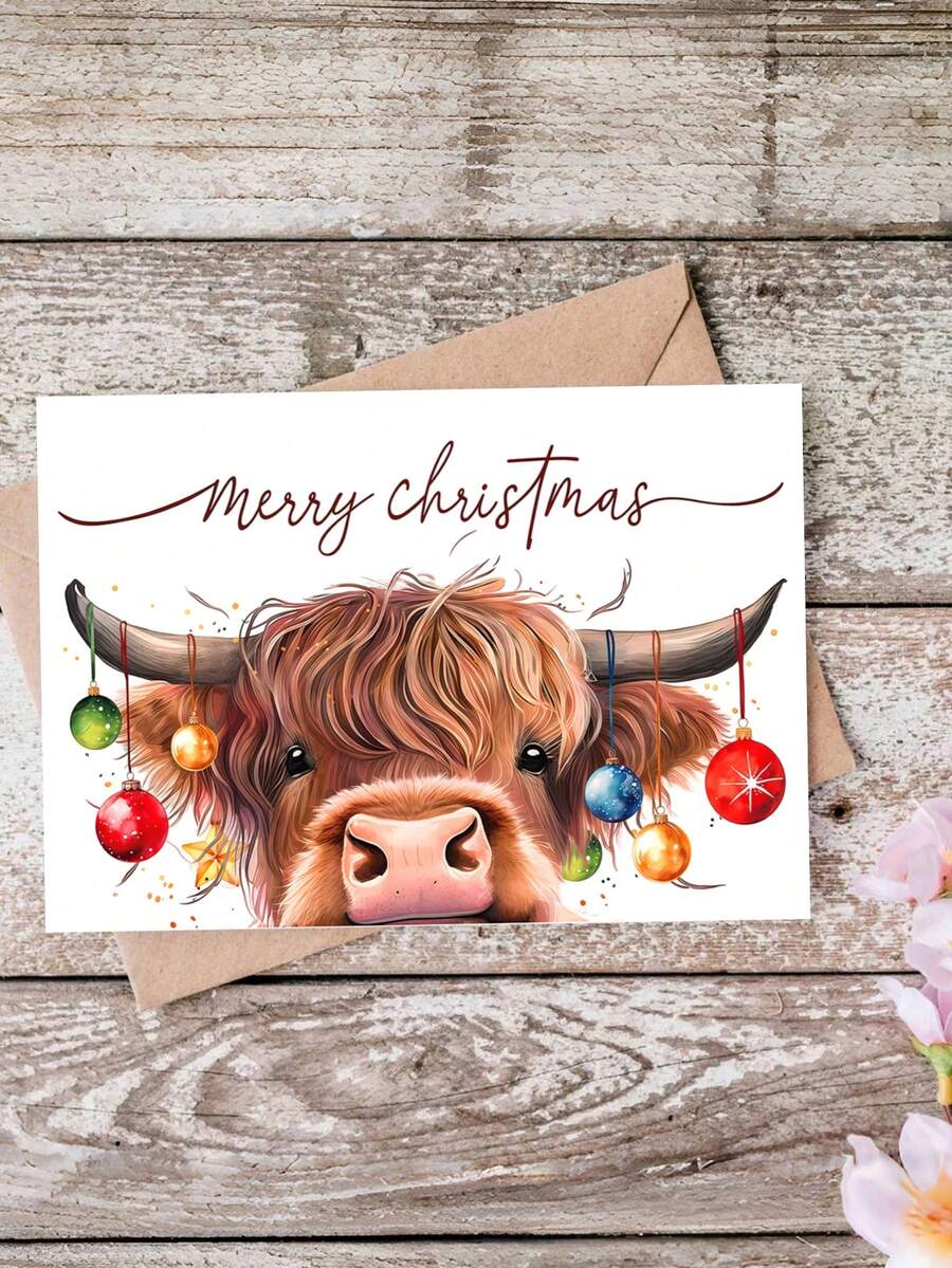 1 张带信封和梦幻奶牛设计的圣诞贺卡 - 适合朋友和家人的节日贺卡，圣诞快乐祝福，完美的礼物 - 彩色 - 查看 1