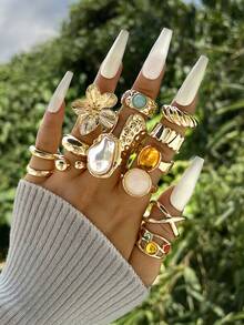 14/8pcs Vintage, Boho Fashion Elegant Delicate Retro Floral, Pearl, Heart, Colorful Gemstone, Textured Water Drop, Wave, Cross, Minimalist Smooth Plain Wide Band Exaggerated Chunky Ring Set, Suitable For Holiday, Party, Date, Gift, Daily Wear