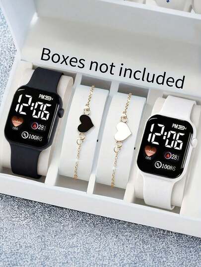 Set de 4 piezas de relojes de pareja con números y pulseras con forma de corazón, de moda y lindos, adecuados para estudiantes y diversas ocasiones