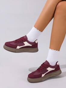 女式复古厚底系带休闲运动鞋，春秋季 - 酒紅色 - 查看 3