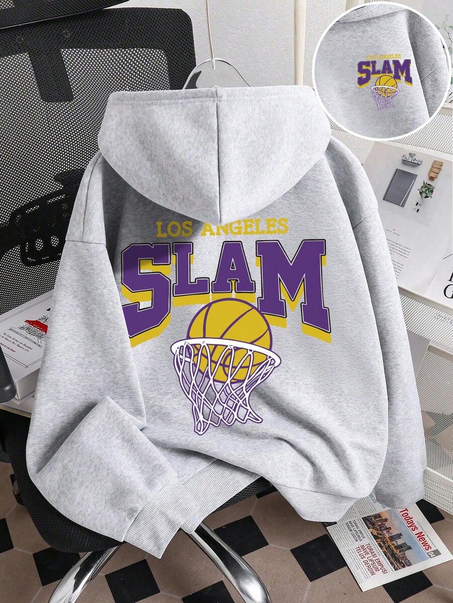 青少年男孩卡通字母印花保暖连帽卫衣