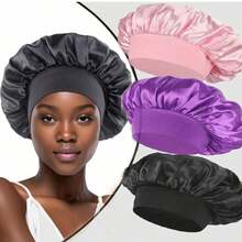 1 Stück atmungsaktive Satin-Seide Schlafkappe, elastisches breites Satin-Band Kappe für Frauen, verstellbare breite Schlafmütze geeignet für langes und lockiges Haar, mit weichem elastischem Band