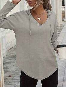 Plus Size Women's Solid Color Drawstring Hooded Sweatshirt, Autumn - Grey - View 4
