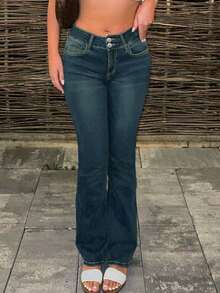 Fashionable & Elegant Women's Slim Fit Double-Breasted Design Flare Leg Jeans, Slimming - Dark Wash - View 4