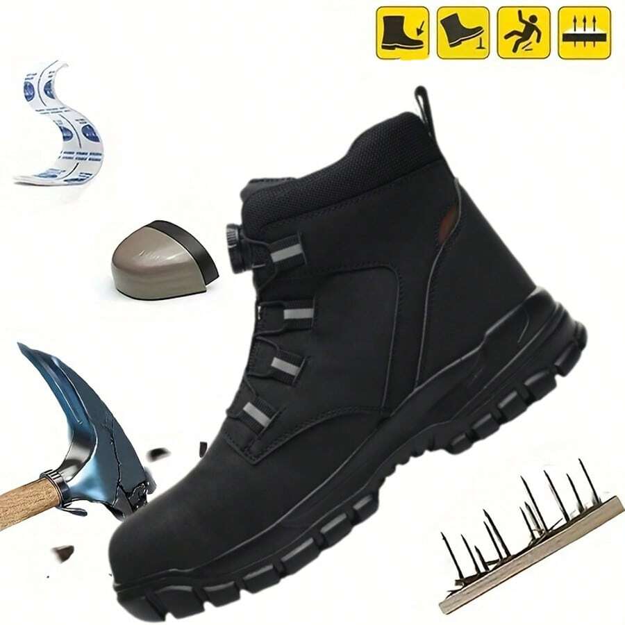 Men's And Women's All-Four Seasons High-Quality Steel-Toe Safety Shoes - Anti-Puncture, Anti-Shatter, Anti-Slip, Shock-Absorbing, With A Rotating Lacing System, High-Top Protective Design, Suitable For Warehouses, Construction Sites, Kitchens, Repair Workers And Other Scenarios. - màu đen - Xem 1