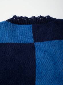 ANDREILEE Plaid V-Neck Long Sleeve Dropped Shoulder Letter Print Casual Loose Unisex Button-Up Cardigan, Suitable For Spring, Autumn, Winter - Blue - View 11