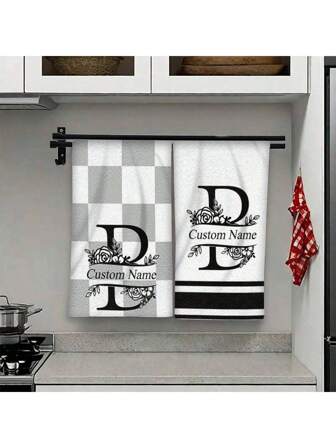 2Pcs Name Custom Striped Microfiber Kitchen Towel And Tableware Set, Tableware Tea Towel, Christmas And Thanksgiving Gift, Home Decoration And Accessories, Home Decoration Set, Indispensable For Apartment, Housewarming Joy, New Family Gift For Women, Mothers, Grandmothers, Wives, Aesthetic Decoration Shower Towels For Beaty Salon, Hotel Sports,Home Essentials, Towel, Skin Care
