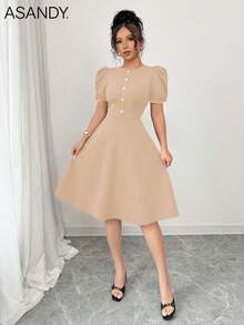 女士休闲纯色纽扣灯笼袖迷你连衣裙，优雅夏季款 - 卡其色 - 查看 5