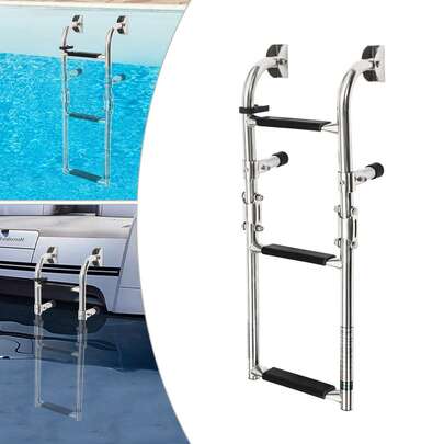 3 Step Folding Ladder, Stainless Steel Folding Boat Ladder, Marine Foldable Stainless Steel Ladder 2+1 Step, Folding Boarding Ladder For Boat Yacht Ship, Load Bearing 350LBS, Polish Silver