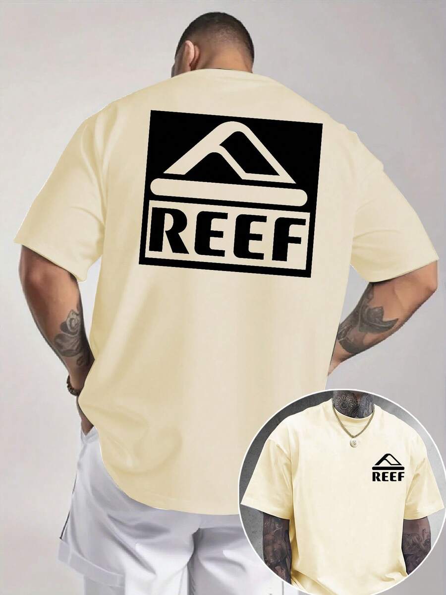 Men's REEF Logo T-Shirt|Minimalist Mountain Graphic|Streetwear Essential|100% Cotton|Unisex Fit|Ideal Gift For Surf & Skate Enthusiasts - 杏色 - 查看 1