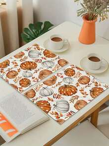 1/4/6/8Pcs Fall Placemats 12x18 Inches, Pumpkin Maple Leaves Orange Autumn Seasonal Farmhouse Burlap Indoor Outdoor Table Mats Decorations For Home Party - Orange - View 7