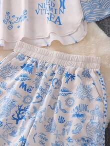 Ocean-Style Printed Shirt Set, Casual And Versatile Deep V-Neck And Long Sleeves, Perfect For Beach Vacations And Fashion Spring - Blue - View 7