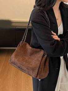 1 szt. Jesienno-zimowa torebka na ramię w kolorze brązowym w stylu vintage, z łańcuszkiem, modna faktura, damska, uniwersalna, codzienna torebka typu crossbody, odpowiednia na codzienne dojazdy do pracy, randki, prezent - Kawowy brązowy - Zobacz 3