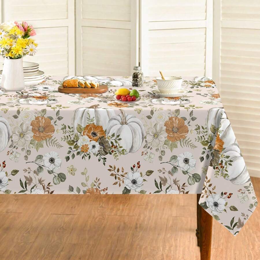 1pc Autumn Theme Tablecloth, Watercolor White Pumpkin And Rustic Floral Pattern Design, Autumn And Thanksgiving Decor, Autumn Gift, Ideal For Indoor Outdoor Party And Home Decoration, Thanksgiving Tablecloth, Suitable For Living Room, Dining Room, Kitchen And Picnic