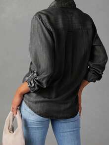 Women Denim Shirts Solid Color Turn Down Collar Long Sleeve Jean Blouses Spring Loose Casual Tops Streetwear Vestidos Casuales - Màu xám đen - Xem 5