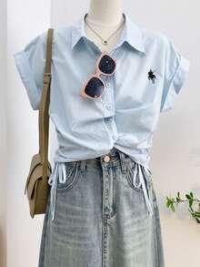 Vera Lane Women's Old Money College Style Fake Style Slimming Waist Drawstring Slimming Vest Casual Cute Halloween Christmas School Clothes Birthday Outfits For Women Boho Chic Techno Outfit Knight Embroidery Pattern Button Up Shirt Women