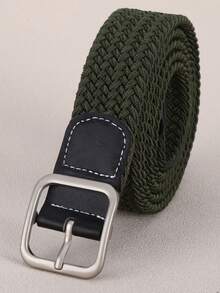 1pc Military Green Elastic Woven Waist Belt, Men's Square Buckle Adjustable Stretch Belt For Youth & Students - Army Green - View 4