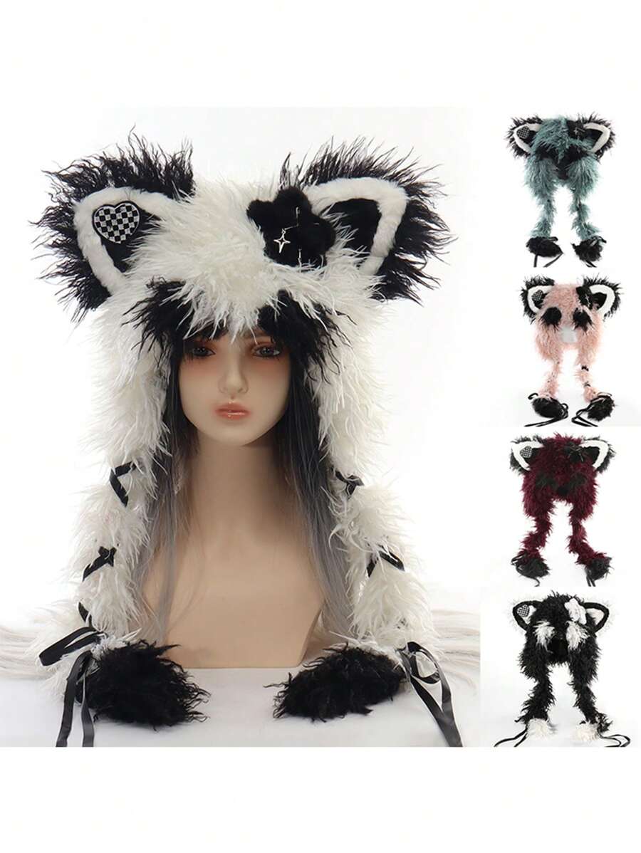 卷曲可爱帽子，朋克风格动物耳朵帽子配编织假发，万圣节服装角色扮演道具帽