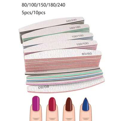 5/10件套美甲专业指甲锉 80/100/150/180/240目砂纸 强力加厚打磨 新月形 青柠色 DIY美甲工具配件