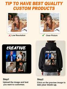 Customized Photo & Text Men's Hoodie Sweatshirt, Personalize With Your Own Photo, Friend/Self/Pet/Landscape/Anime/Lover/Family, Text/Name/Blessing/Holiday/Anniversary, Customized Graphic Text, Birthday/Valentine's Day/Father's Day/Party Anniversary/Birthday Gift, Halloween/Back To School/Christmas Holiday, Fall Winter, Long Sleeve Top - Black - View 4