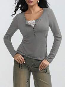 Women Teen Girls Clothes Lace Stitching V-Neck Fairy Crop Tops Y2K Long Sleeve Tight Shirt Spring Fall Downtown Girl Coquette Clothing Tops For Girls - 灰色 - 查看 2