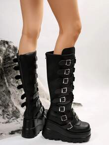 Women's Goth Platform Knee High Boots Fashion Metal Buckle Wedges High Heels Round Toe Zip Punk Combat Boots - Đen A - Xem 6