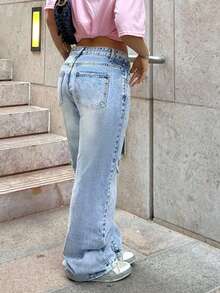 Women's Autumn Clothing Daily Match: Ripped Washed And Bleached Loose Straight Jeans