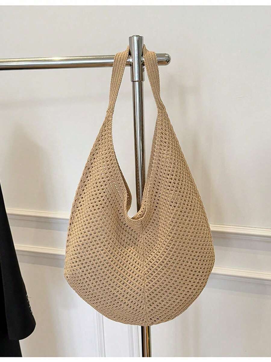 Large Capacity Crochet One Shoulder Tote Bag - Lightweight, Multifunctional Knitted Handbag, Beige, Pink, Brown, Black, Suitable For Travel, Beach, Vacation And Daily Use, Large Tote Bag