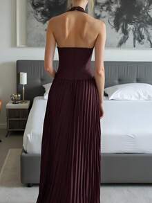 Đầm Maxi Xếp Ly Cổ Vuông Không Tay Cho Nữ, Dáng Chữ A, Màu Trơn, Thanh Lịch, Làm Từ Vải Dệt, Mùa Hè - Màu tím - Xem 2