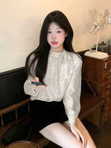 法式波点蝴蝶结长袖衬衫，时尚小众上衣，春季款 - 杏色 - 查看 7