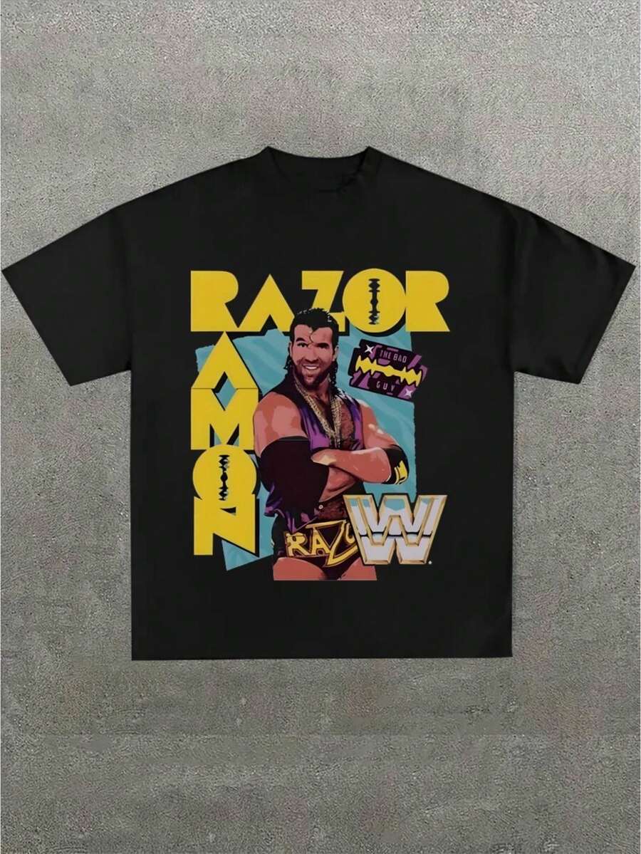 "Razor Ramon" Wrestling - Themed Graphic Print Unisex Casual Soft Short Sleeve Pure Cotton 220gsm T - Shirt - màu đen - Xem 1