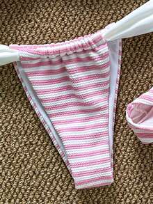 3pcs Women's Striped Fabric Bikini Set, European And American Style, Sexy And Cute Beach/Vacation Swimwear Outfits - Pink - View 9