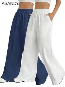 2pcs/Set Casual Wide Leg Pants, Loose Drawstring Waist Solid Color Wide Leg Long Pants - Multicolor - View 3