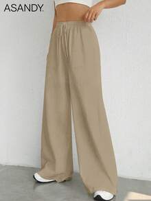 2pcs/Set Casual Loose Straight Leg Pants, Drawstring Waist Wide Leg Trousers, Solid Color Summer - Khaki+Black - View 5