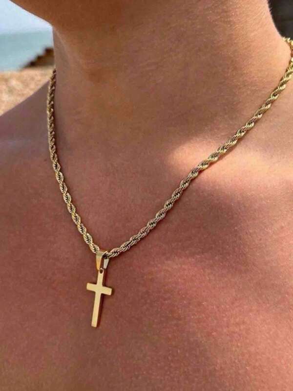 1pc Men's Cross Necklace, Silver-Gold Chain Cross Pendant, Waterproof Non-Fading Stainless Steel, Suitable For Daily Wear, Fashionable Jewelry Gift For Family, Father, Brother And Friends, Christmas Jewelry Gift