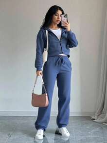 Conjunto de chándal para mujer, 2 piezas, de terciopelo ajustado, casual, con cierre, sudadera y pantalones de chándal S-XL - Gris Oscuro - Ver 1