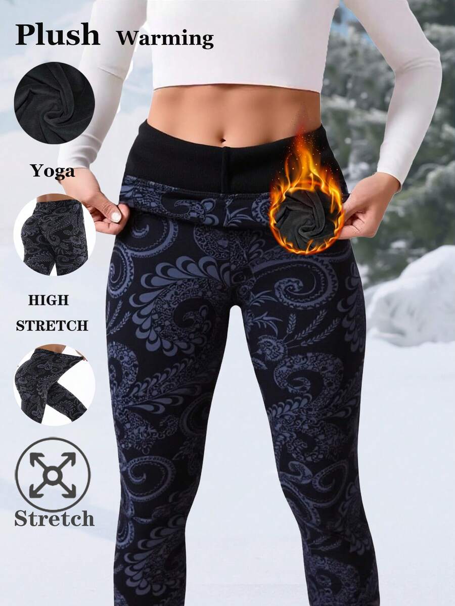 Autumn Winter Thickened Women's Casual Black Thermal Lined Leggings, Soft, Warm Comfortable Stretch Legging, Fitness Sports Training Casual Pants, Home Practice Squats, Hip-Lifting Yoga Pant Outdoor Play, Vacation, Walking, ShoPping, Fashion ONine-Point Pants - Black - View 1
